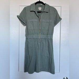 J.Crew Sage Green Utility Dress Zip Front Mini Shirt Dress w/ Pockets